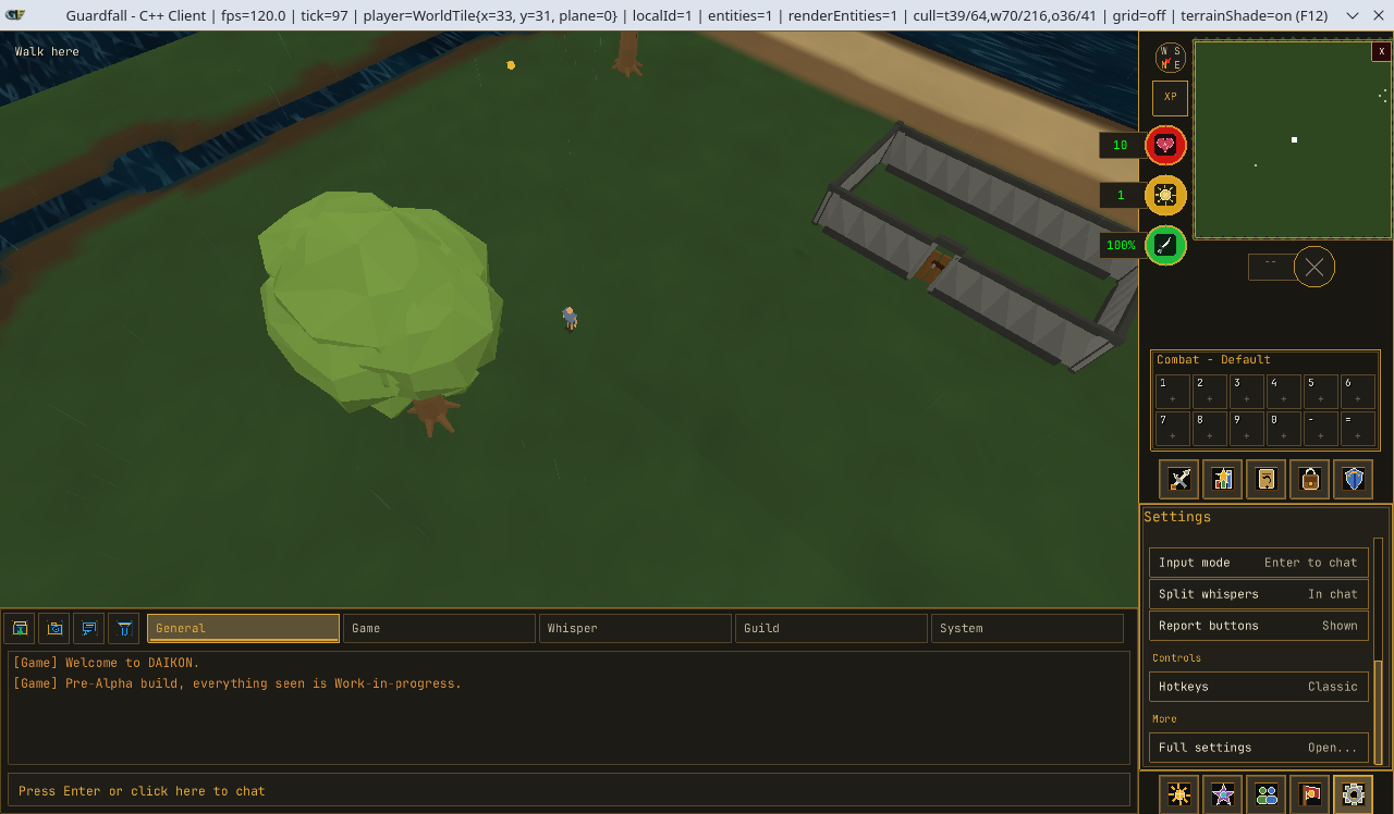 Guardfall’s fixed layout keeps the game view, chatbox, minimap, status displays and tabs in predictable positions.