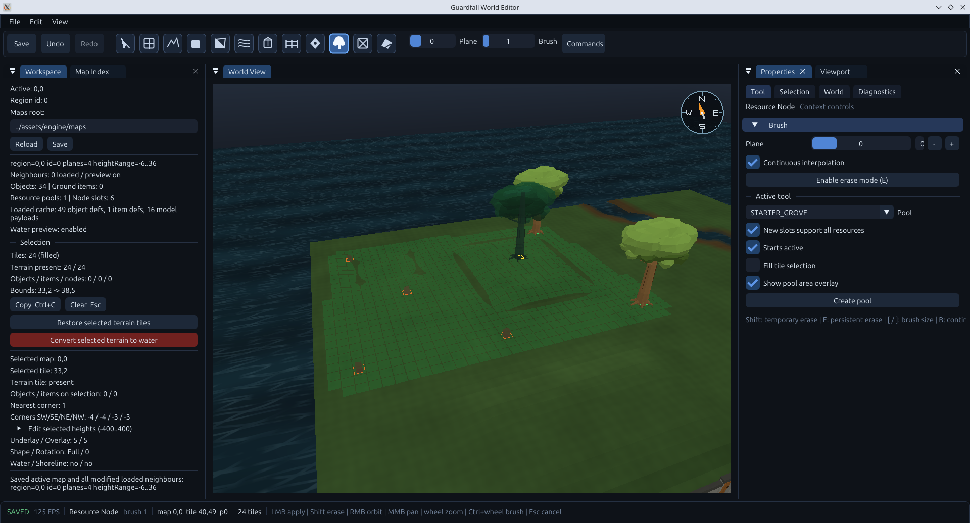 the editor viewport showing a complete grove, with the connected resource locations highlighted in green.