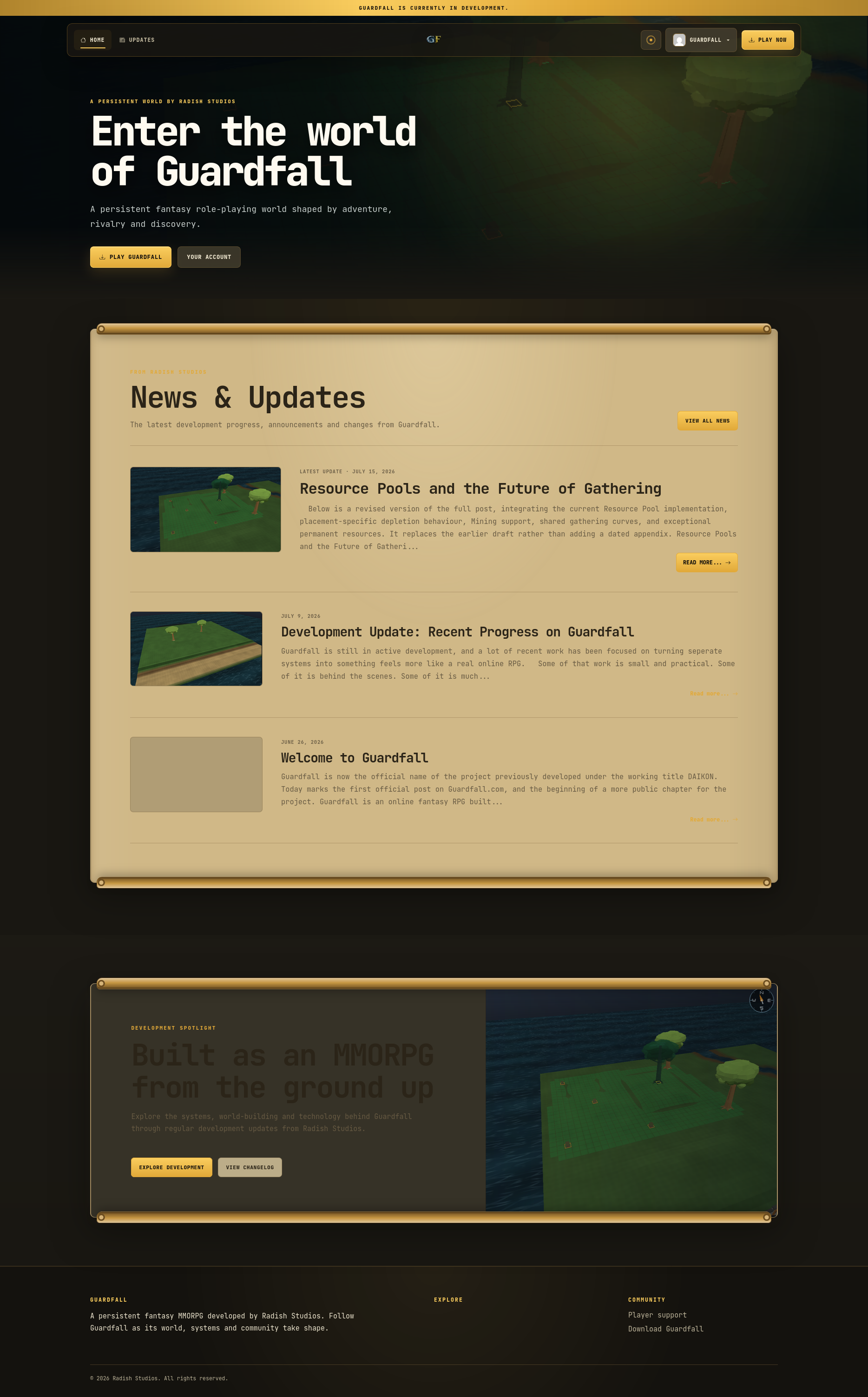 The revised homepage keeps development news near the top while giving Guardfall a clearer visual identity.